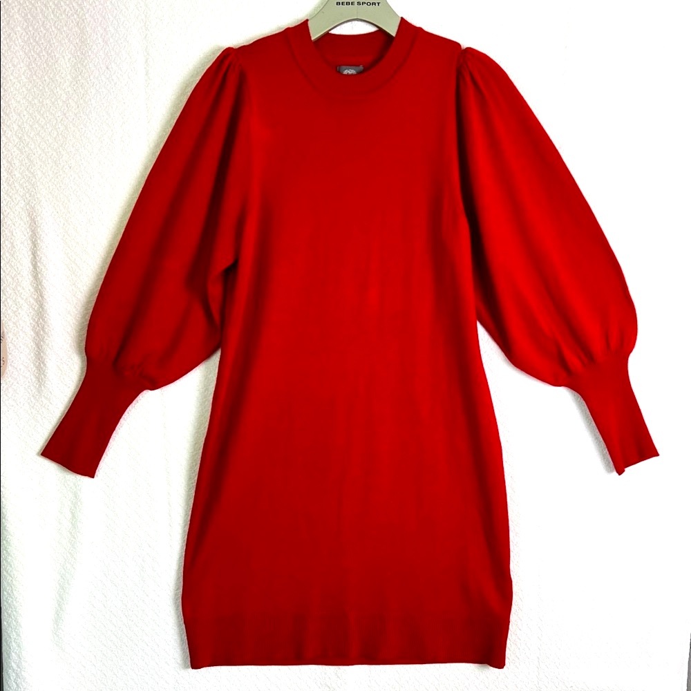 Vince Camuto Womens Crewneck Sweater Dress Red Vibrant Long Puff Sleeve Sz. S - Picture 2 of 12